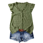 New Women's V-neck Ruffled Short-sleeve Blouse Loose-fit Figure-flattering Top With Lace Detailing
