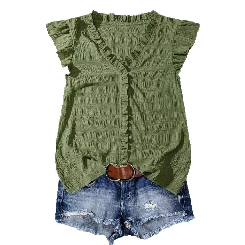 New Women's V-neck Ruffled Short-sleeve Blouse Loose-fit Figure-flattering Top With Lace Detailing
