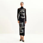 Elegant Mesh Double-layer Printed Crew-neck Long-sleeve Dress