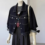 Korean Style Pocket Lapels Retro Dark Blue Short Denim Coat