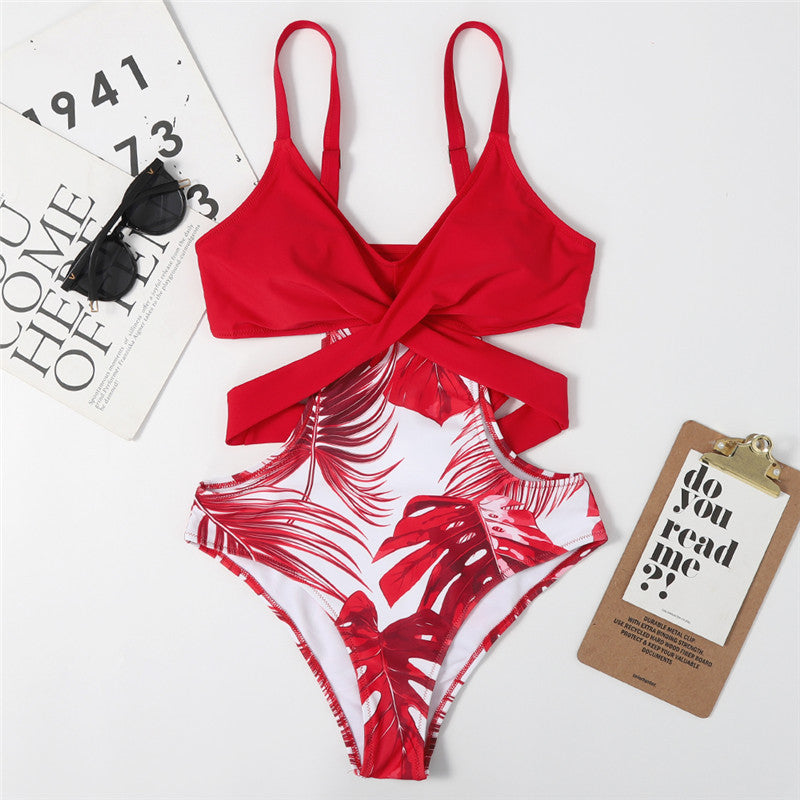 Leaf Print Swimsuit Ladies Tight One-piece Swimsuit