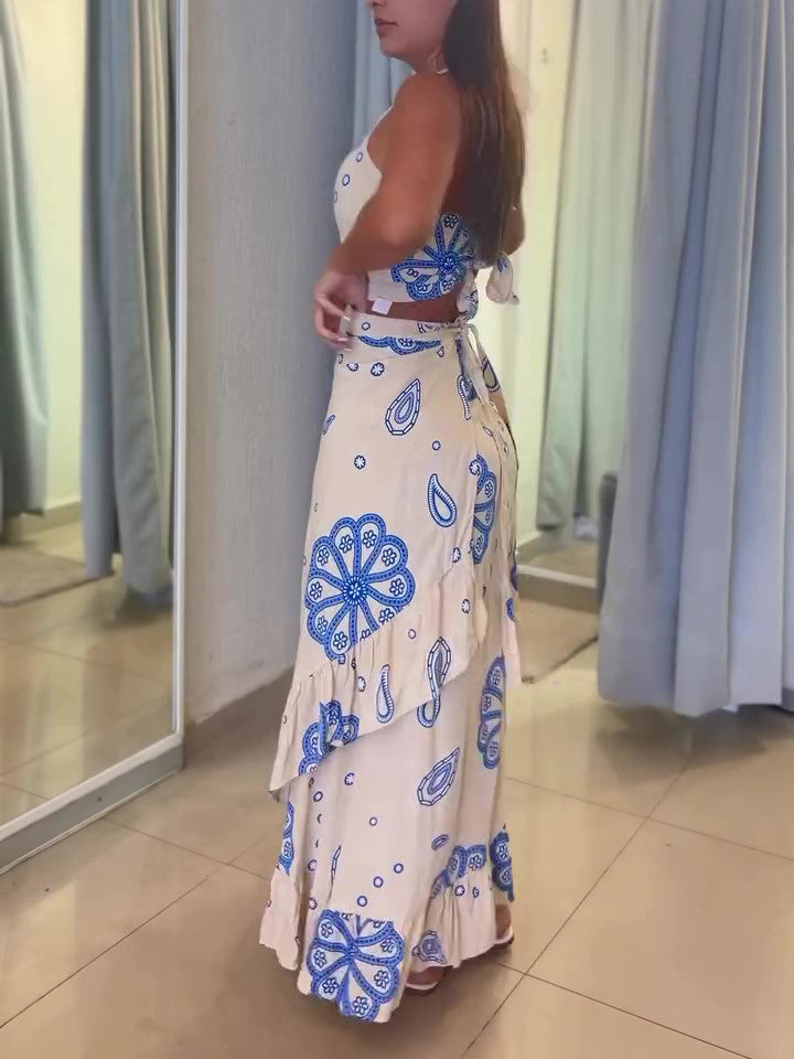 Holiday Cashew Flower Print Sling Ruffle Skirt Set