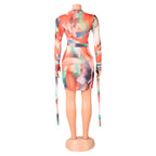 Sexy Women Mesh See-Through Printed Dress With Bandage