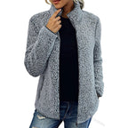 Fall Winter Warm Sweatshirt Stand Collar Solid Color Top Sweater Women's Casual Fashion Long Sleeve Zipper Bubble Velvet Coat Tops
