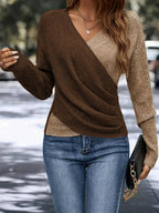 V-neck Long Sleeve Cross Solid Color Knitted Sweater