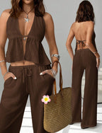 Halterneck Strap Sexy Backless Sleeveless Tank Top And Slim-fit Set