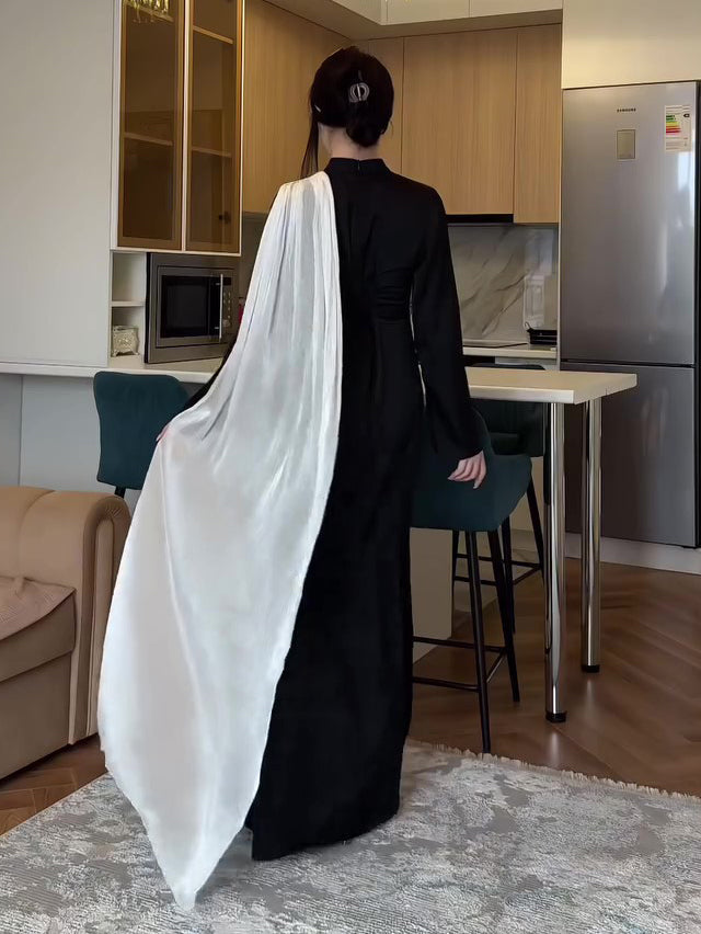 Contrast Color Scarf Waist Long Sleeve Maxi Dress