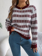 Women Round Neck Retro Stripe Lantern Sleeve Long Sleeve Pullover Sweater