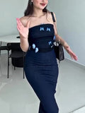 Denim Tube Top Patchwork Mesh Butterfly Dress
