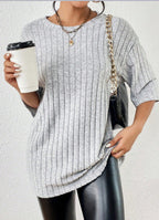Women's Solid-Color Ribbed Brushed Knit Loose Short-Sleeve Top