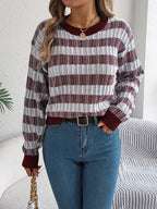 Women Round Neck Retro Stripe Lantern Sleeve Long Sleeve Pullover Sweater