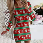New Christmas Printed Round Neck Long Sleeve Narrow Dress
