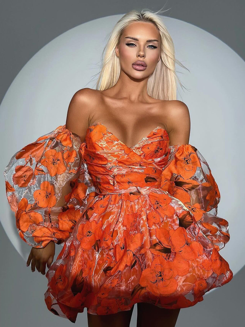 Elegant Floral Lantern Sleeve Off-The-Shoulder Mini Dress