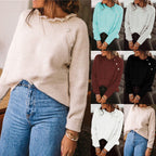 Fashionable Loose-Fit Solid-Color Knitted Sweater With Buttons And Ruffle Neck Long-Sleeve Top