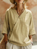 Women's Solid-Colored Cotton-Linen Button-Up Top