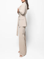 Elegant Solid Color Belted Blazer & High Waist Pants Set