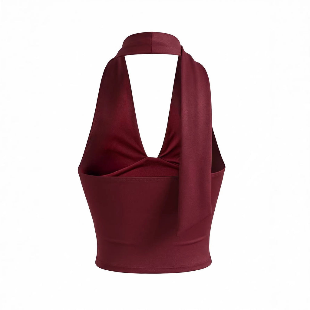 Deep V-neck Ruched Slim-fit Backless Short Womens Top