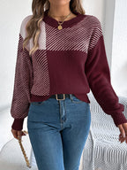 Women Casual Color Block Plaid Long Sleeve Pullover Sweater