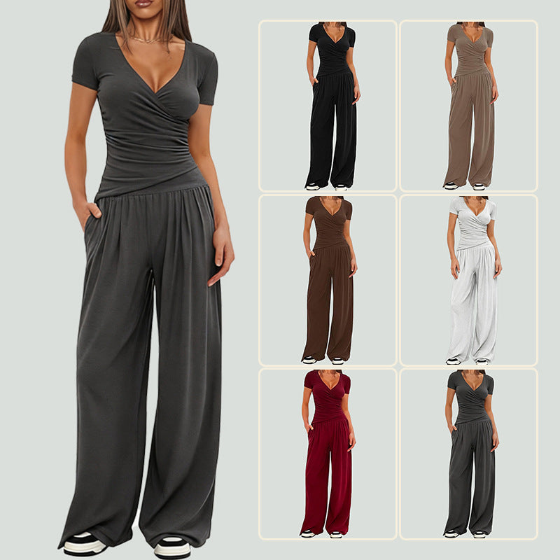 2 Pieces Women's V Neck Short-sleeve Sportswear Top And Wide-leg Pants Set Casual Comfortable Outfit Set For Daily Wear Gym Sports Outfit