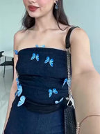 Denim Tube Top Patchwork Mesh Butterfly Dress