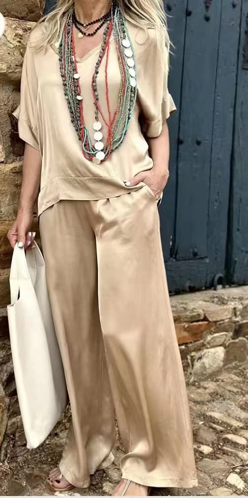 V-neck Top Pocket Pants Fashion Set