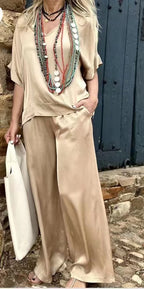 V-neck Top Pocket Pants Fashion Set