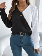 Women Casual V-Neck Button Color Block Lantern Sleeve Pullover Sweater