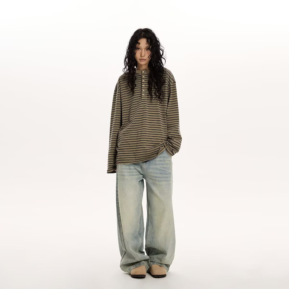 Women's Cotton Simple Loose Casual Striped Long-Sleeve Top