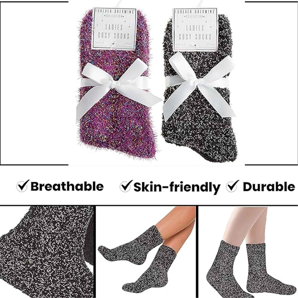 Sock Stack Womens Slipper Socks Fluffy Warm Fuzzy cosy 4 Pack Purple Black UK Size 4-8