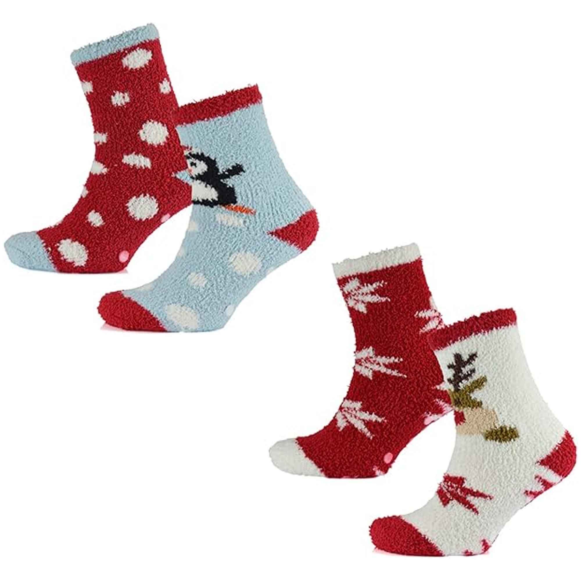Sock Stack Ladies Christmas Slipper Socks Non Skid Gripper Soles 4 Pack Rudolph Super Soft Non-Slip Indoor Sock