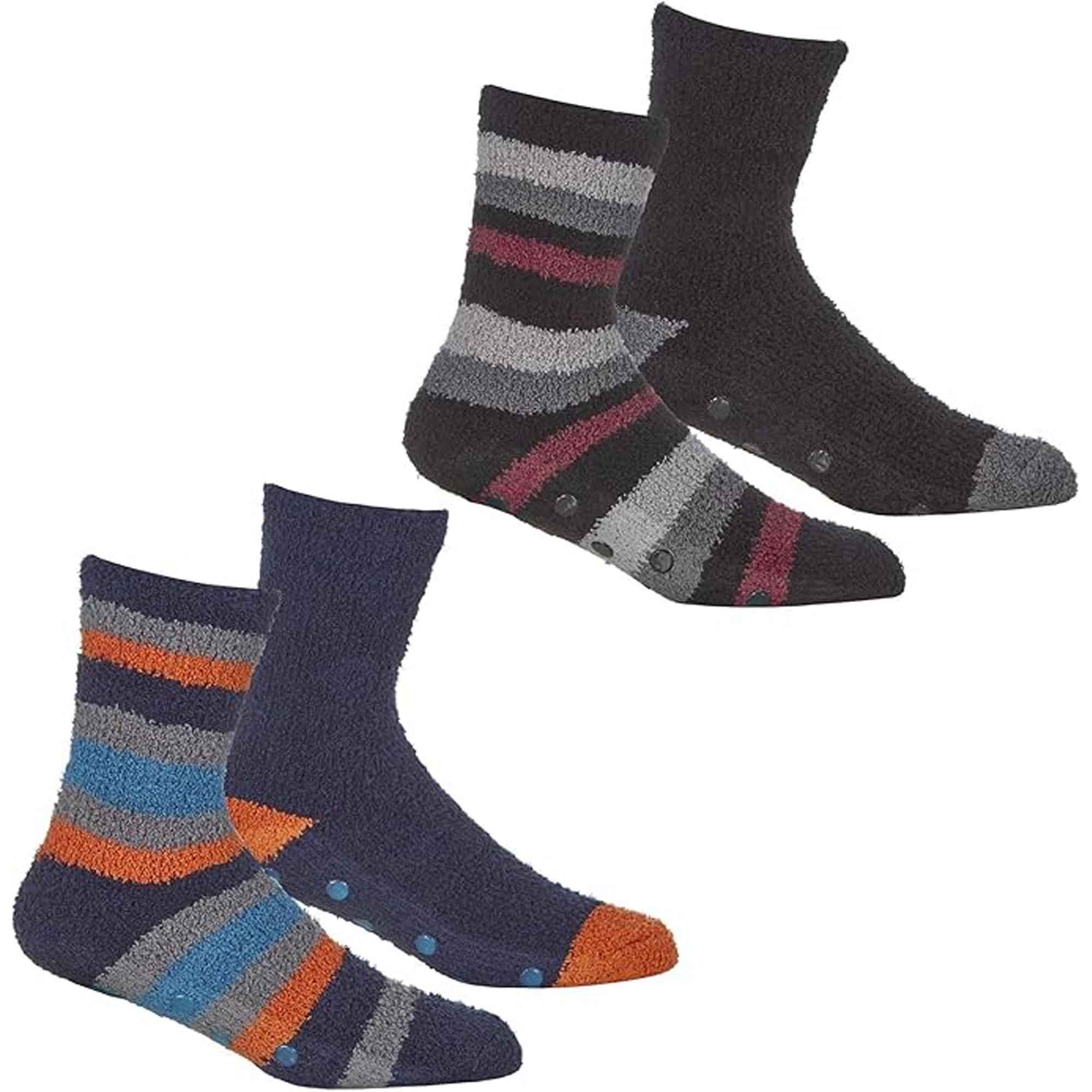 Sock Stack Men's Striped Fluffy Slipper Socks 4 Pack Warm Fleece Non-Skid Gripper Soles Tall Design Winter Slipper UK 6-11