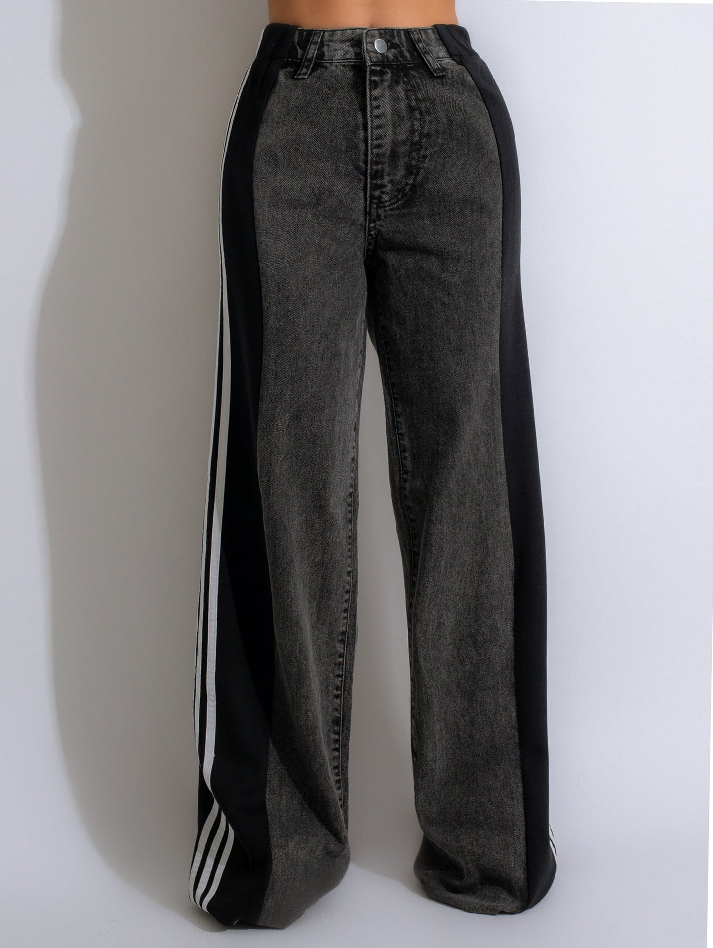 Fashion Casual High Waist Elastic Straight Leg Trousers Three Stripe Patchwork Denim Wide Leg Pants Streetwear
