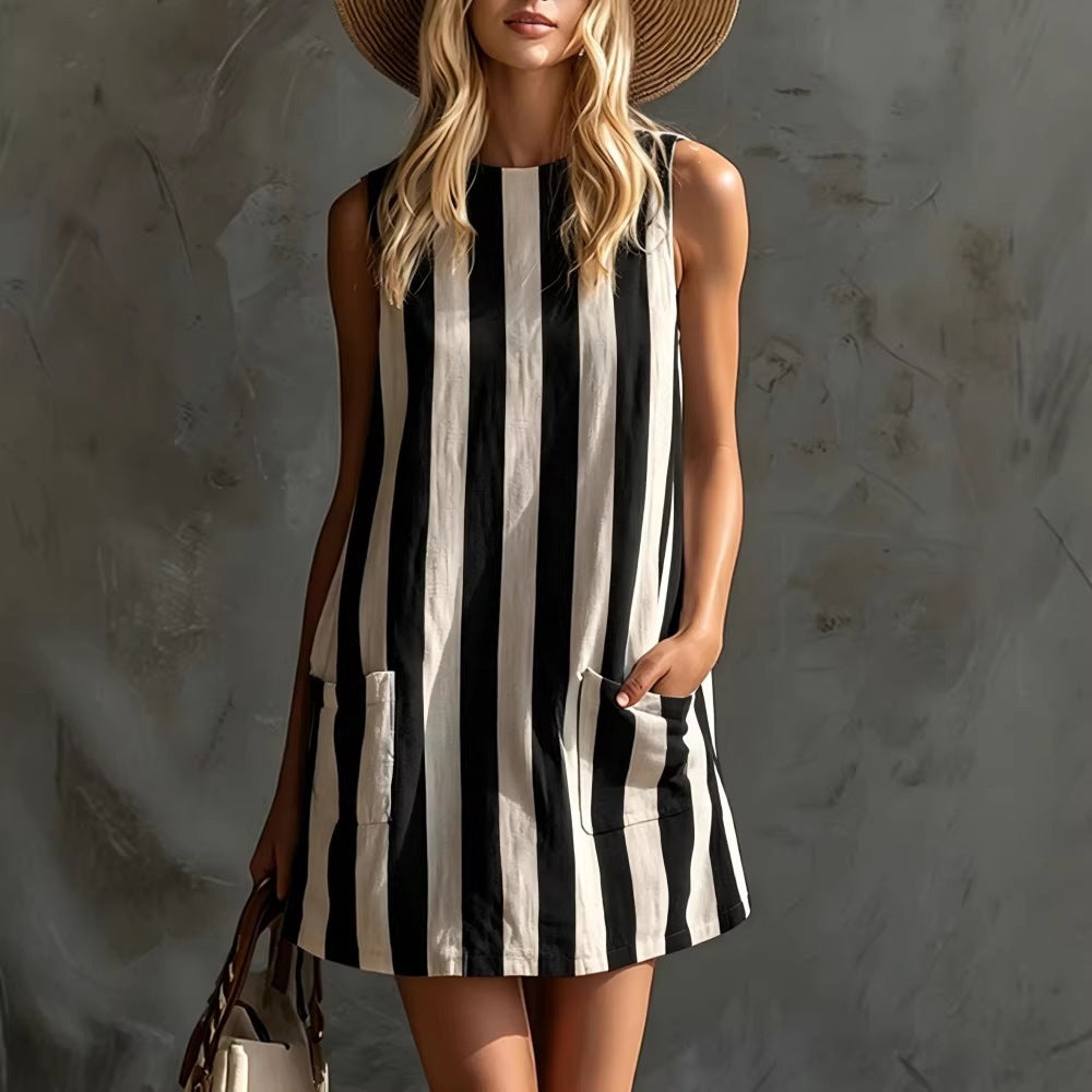 Women's Retro Striped Sleeveless Crew-Neck Cotton-Linen Mini Dress