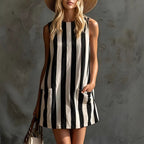 Women's Retro Striped Sleeveless Crew-Neck Cotton-Linen Mini Dress