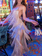 Sexy Fringed Slit Suspender Dress