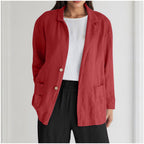 Loose-fit Solid-color Long-sleeve Cotton-linen Coat With Buttons For Women