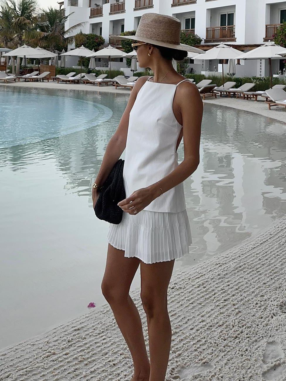 White Halter Top & Pleated Skirt Set