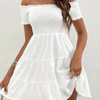 Elegant Off the Shoulder Shirred Dress for Women, 100% Polyester Solid Color Summer Fitted Woven Dress with Ruffle Hem