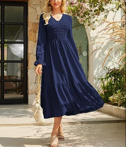Women's Solid-Color Pleated V-Neck Flowy Casual Dress