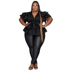 Women's Casual All-Match V-Neck Ruffle-Sleeve Pleated Blouse Top