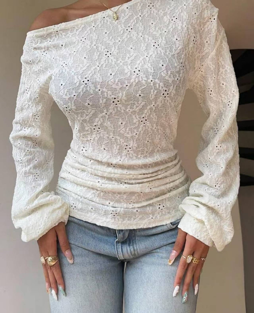 Women's Fashionable Sheer Lace Blouse With Long Sleeves