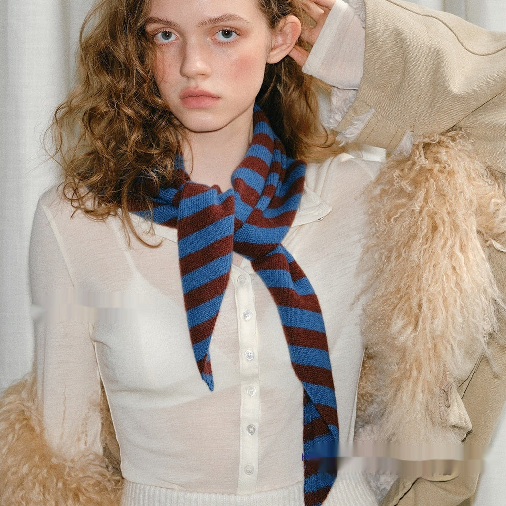 Pure Wool Striped Knitted Triangular Warm Neck Scarfhat