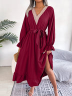 Women's Elegant V-Neck Lace Waist-Defined Hem Ruffle Maxi Dress