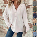 Waffle Hooded Sweater Sweatshirt Fashion Casual Long-sleeved Drawstring V-neck Buttons Top Women's Clothing