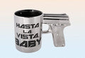Coffee Mug with Pistol Grip Silver 320&nbsp;ml with Black Lettering Hasta La Vista Baby