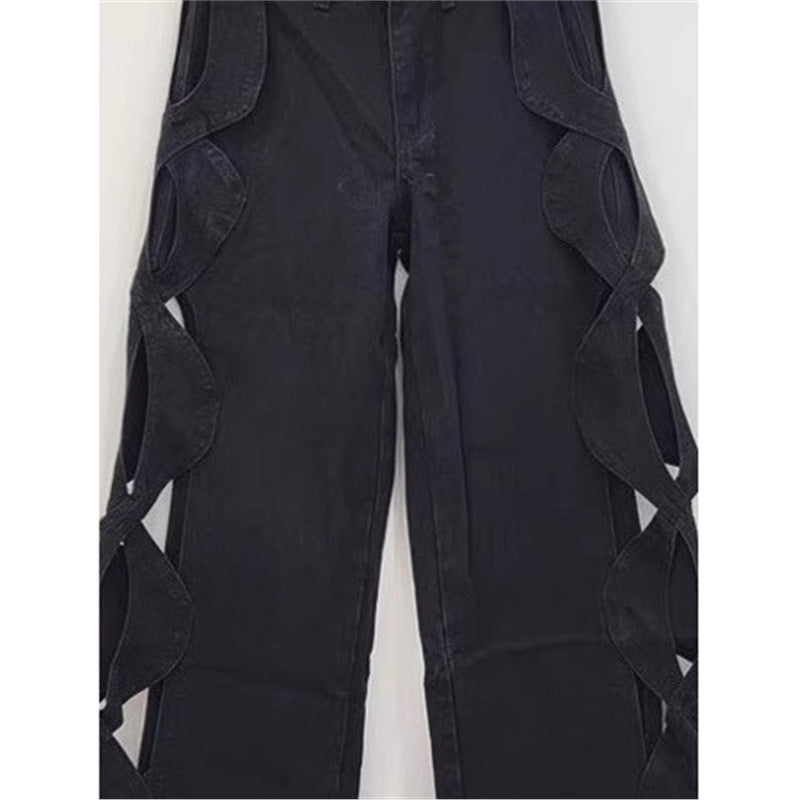 SpringSummer Side-Stranded Braid Ripped Casual Straight-Leg Wide-Leg Denim Jeans