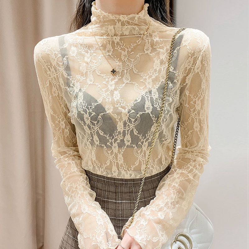 Sheer Mesh Top With Wood-ear Neckline And Mesh Fabric
