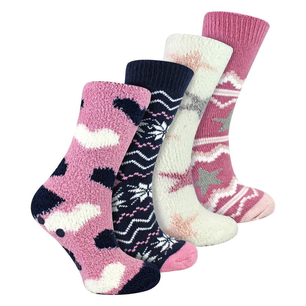 Ladies 4 Pack Fluffy Cosy Slipper Socks