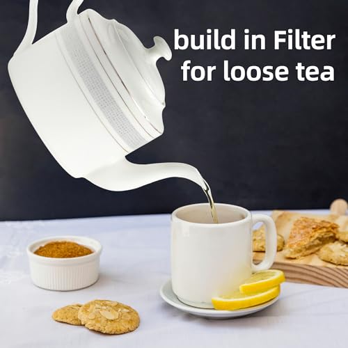 London Boutique Teapot, Teapots for 4 with Built-in Filter for Loose Leaf Tea, 1.3L Large Teapot, White Teapot with Silver Rim, Lightweight, Fina China Teapot Set Perfect Tea Maker for Tea Lovers