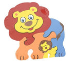 Traditional Wooden Painted Shape Fit Wild Jungle Animal Puzzle - Mother & Baby - Set Of 4